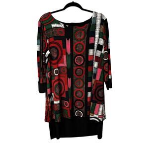 Eva Varro Black Multi Abstract Iggy Print 3/4 Sleeve Layered Dress Womens XL